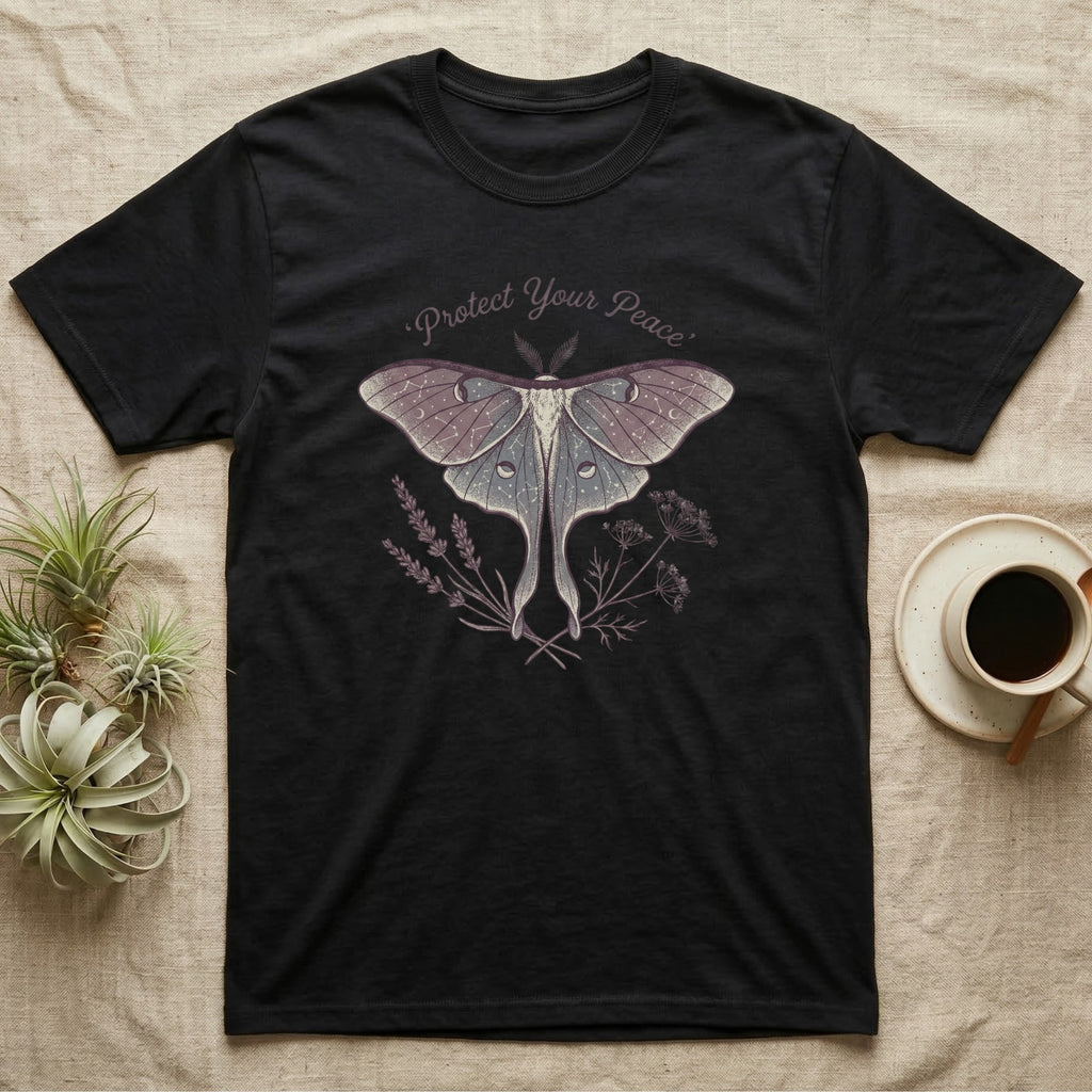 Black t-shirt with a moth graphic and "Protect Your Peace" text.