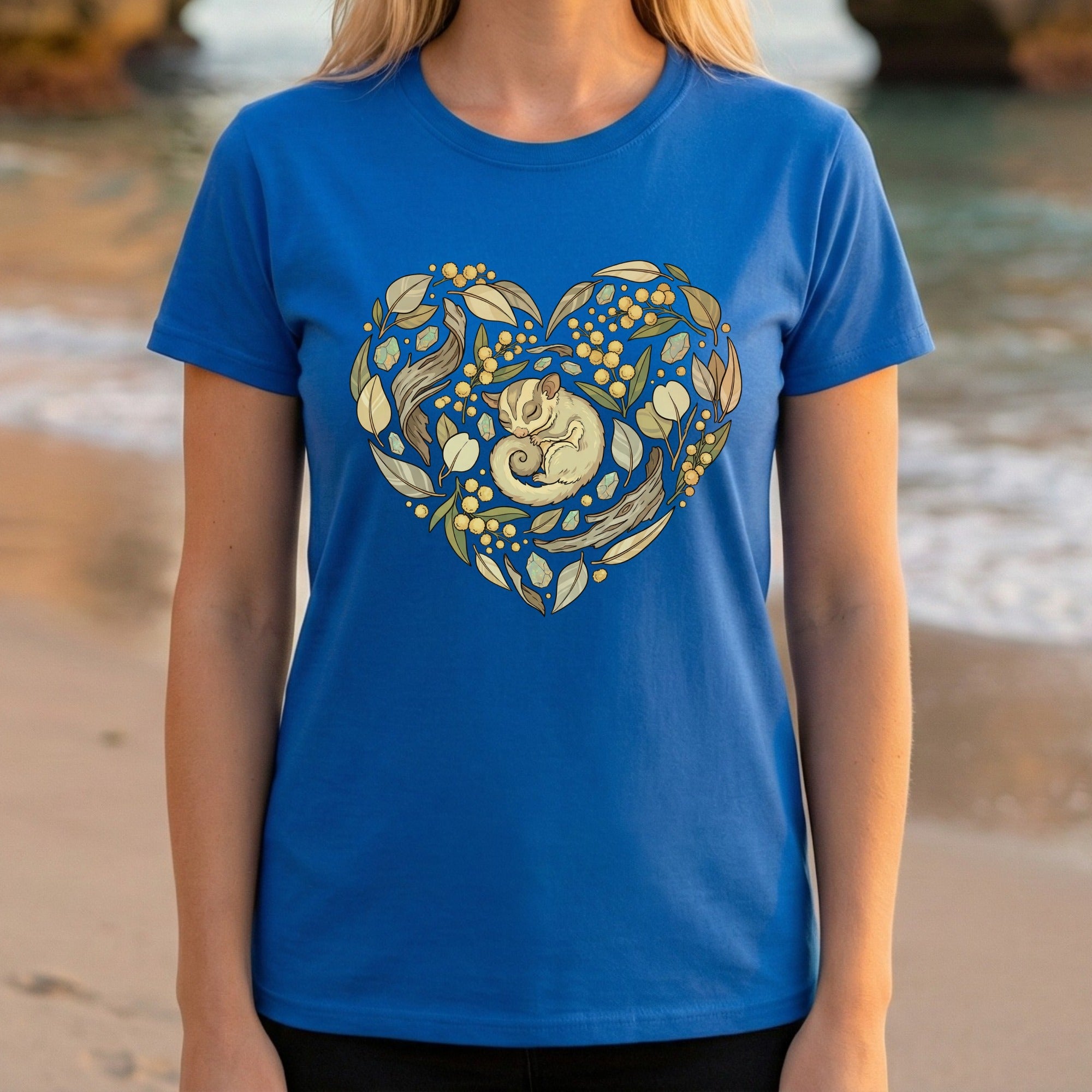 Heart Shaped Animal and Floral Design on Blue Shirt