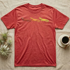 Uromastyx Colour Morph Trio T-Shirt in Heather Red — Three uromastyx lizards in a row, painted in thick raised relief — brick red, tangerine orange and lemon yellow morphs.