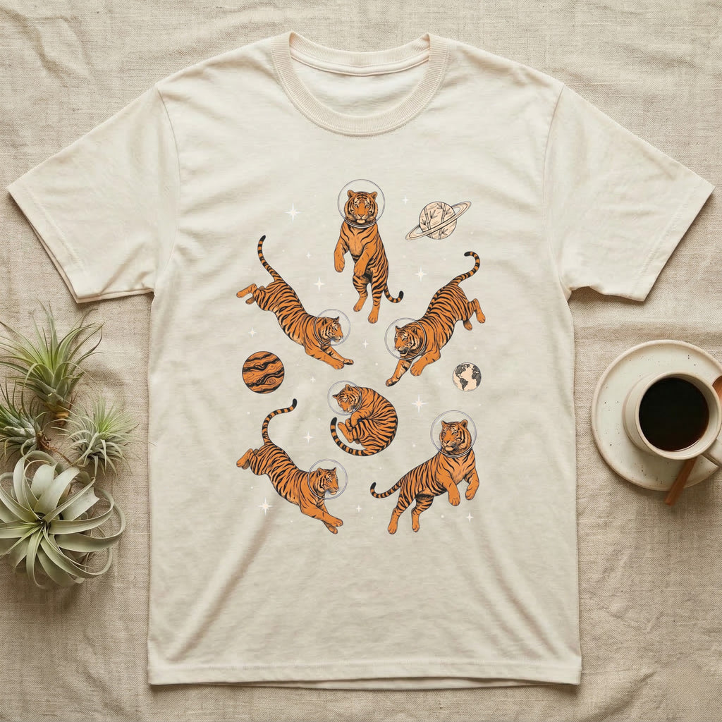 Tigers in astronaut helmets floating in space with planets and stars.