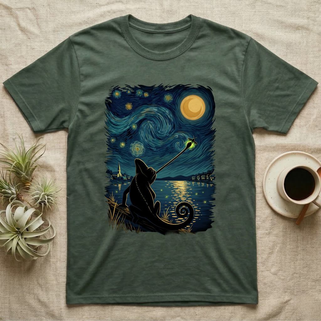 Veiled Chameleon Firefly T-Shirt in Military Green — Veiled chameleon silhouette from behind catching a glowing firefly with its tongue in a swirling painted night sky