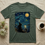 Veiled Chameleon Firefly T-Shirt in Military Green — Veiled chameleon silhouette from behind catching a glowing firefly with its tongue in a swirling painted night sky
