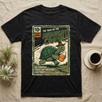 Tortoise Midnight Crawl Vintage T-Shirt in Black — Worn pulp comic cover of a witch-hatted tortoise dashing with a candy pail, "Tales of the Midnight Crawl."