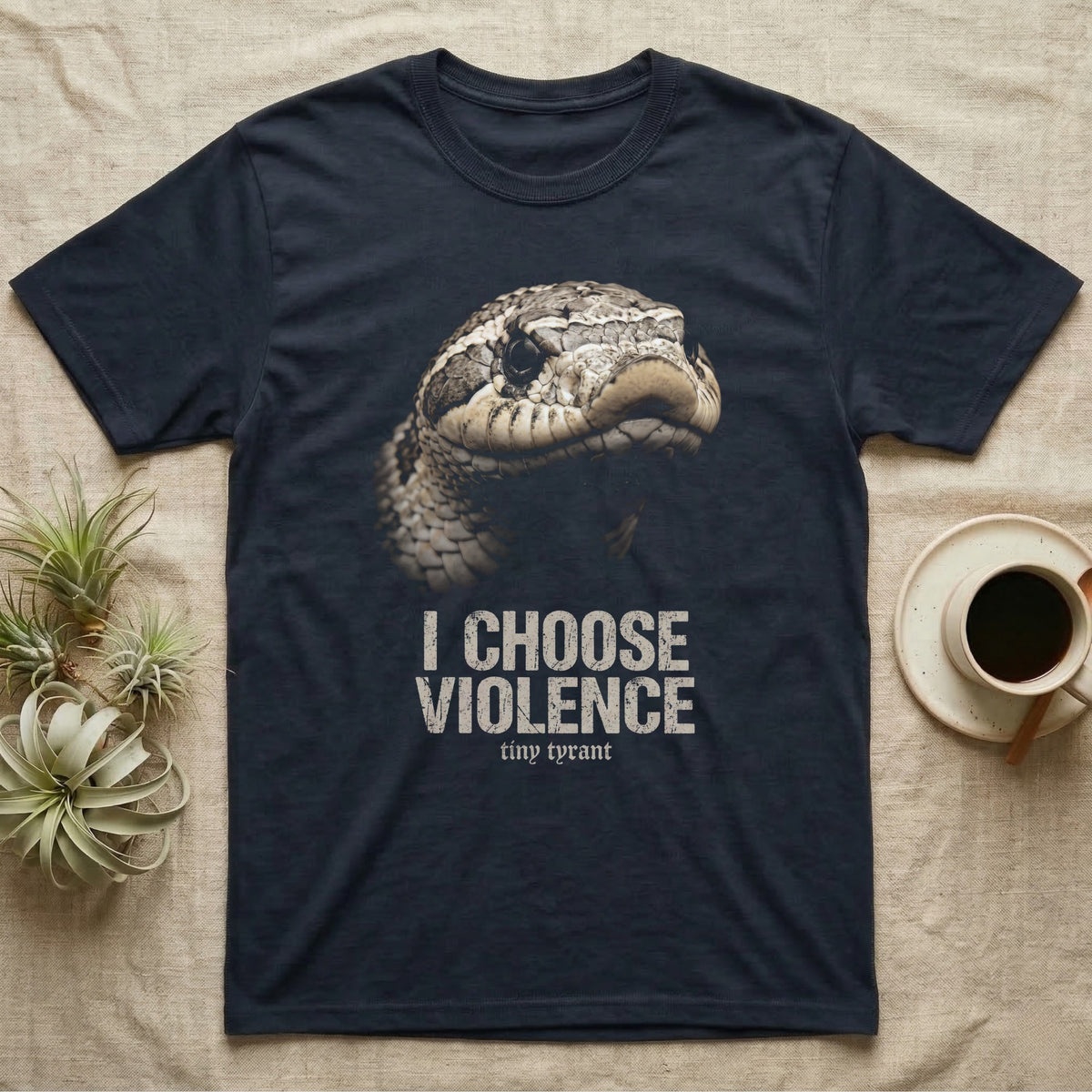 Hognose Snake Choose Violence T-Shirt in Navy — Western hognose snake three-quarter mug shot in coarse cream halftone with I CHOOSE VIOLENCE text on black