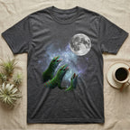 Giant Day Gecko Moon Howl T-Shirt in Dark Heather — Three Giant Day Gecko colour morphs howling at a full moon over a nebula on a dark grey t-shirt.