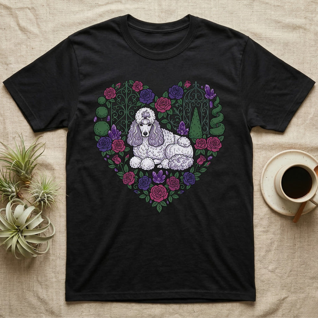 Black t-shirt with a white poodle in a heart-shaped floral arrangement.