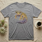 Grey t-shirt with a watercolor painting of a leopard gecko.