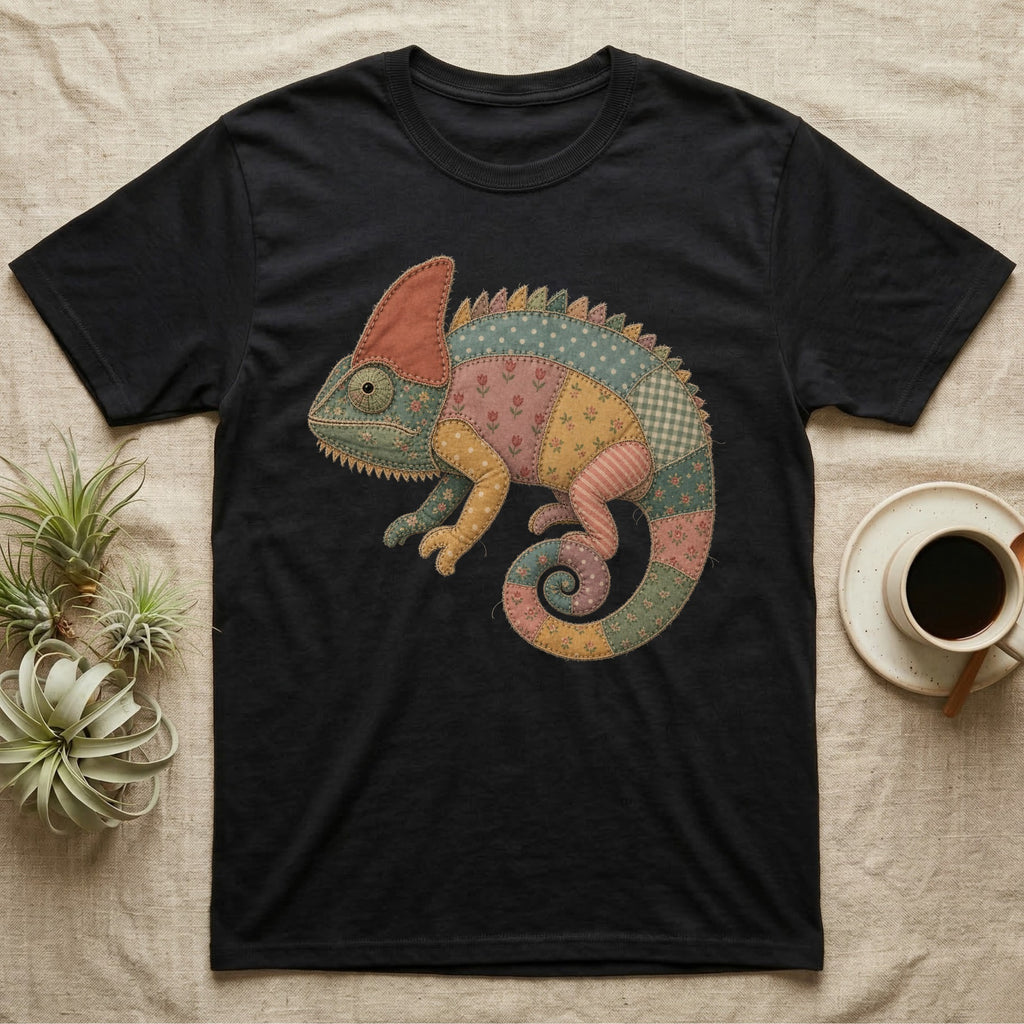 Black t-shirt with a quilted chameleon graphic.