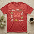 Axolotl All Gills No Plans T-Shirt in Heather Red — Cartoon sticker collection of six leucistic axolotls resting among a mug, socks, a blanket and a book, under the words ALL GILLS NO PLANS.