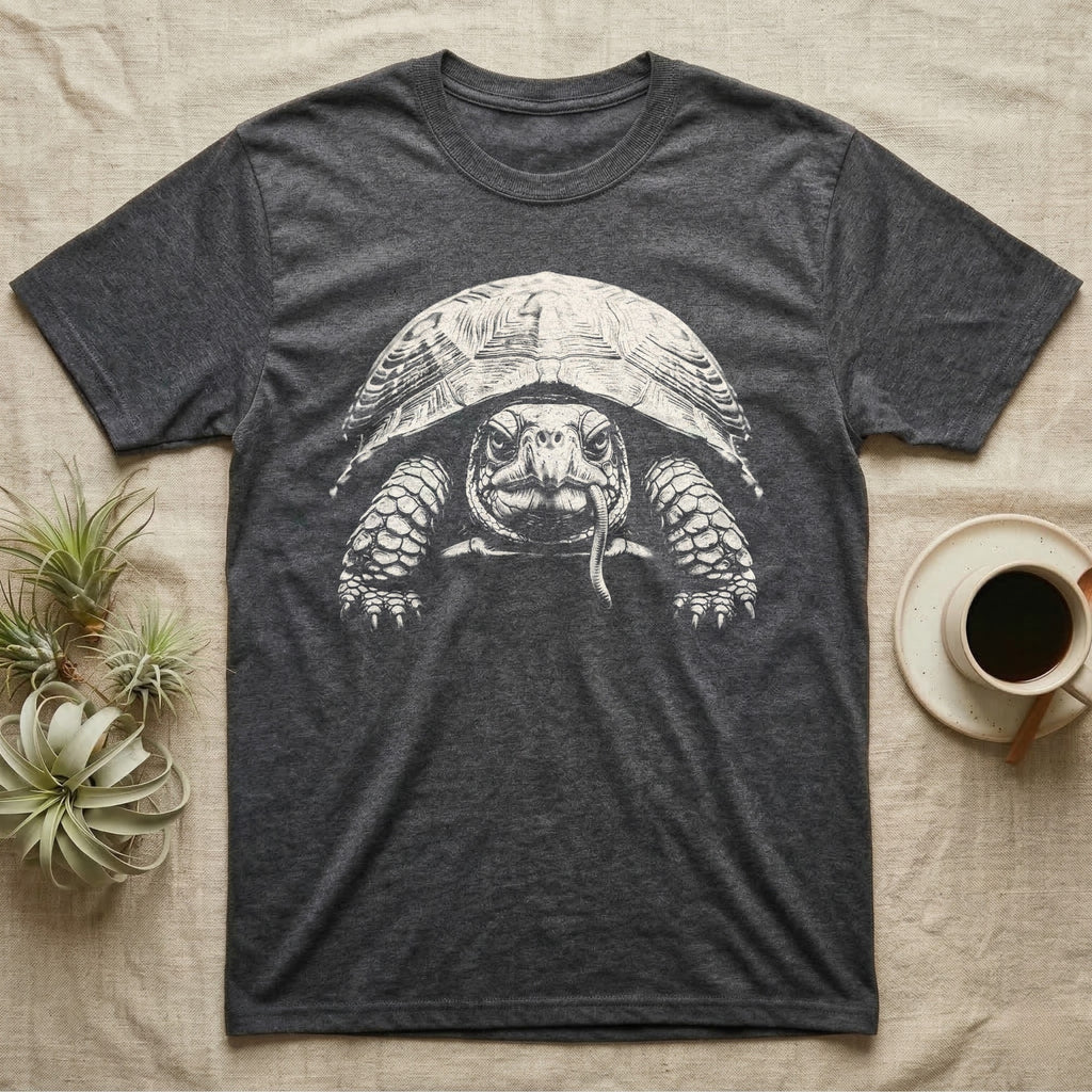 Box Turtle Tough Guy T-Shirt in Dark Heather — Black-and-white photo print of an eastern box turtle staring straight ahead with an earthworm hanging from its beak like a cigarette