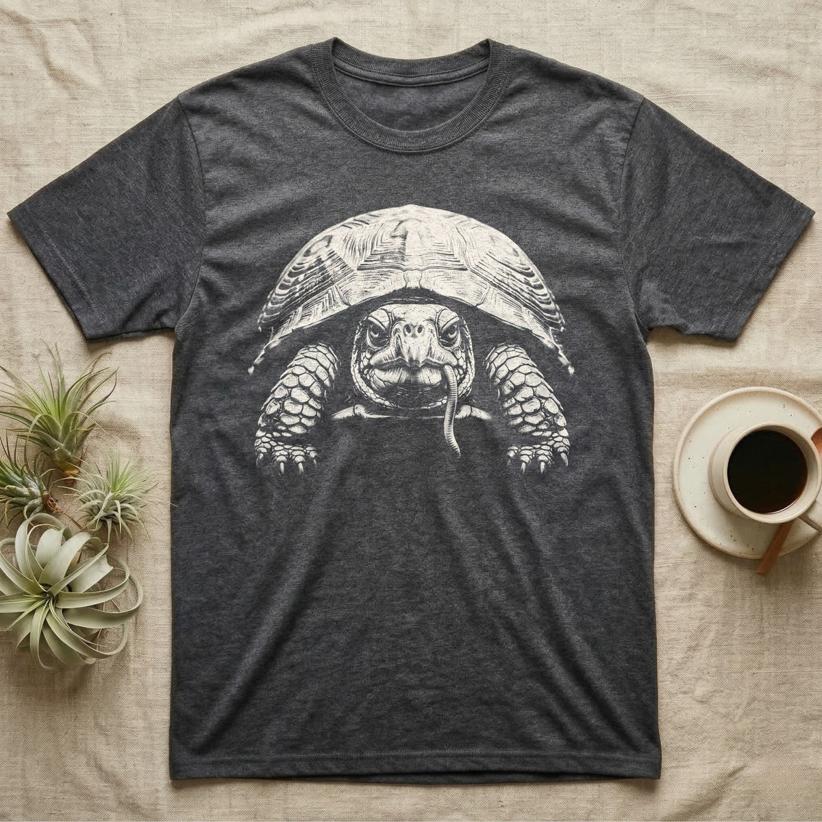 Box Turtle Tough Guy T-Shirt in Dark Heather — Black-and-white photo print of an eastern box turtle staring straight ahead with an earthworm hanging from its beak like a cigarette