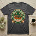 Tortoise Slow-oween Parade T-Shirt in Dark Heather — Distressed badge of a witch-hatted tortoise pulling a pumpkin wagon, "Slow-oween Parade, Division Last Place."