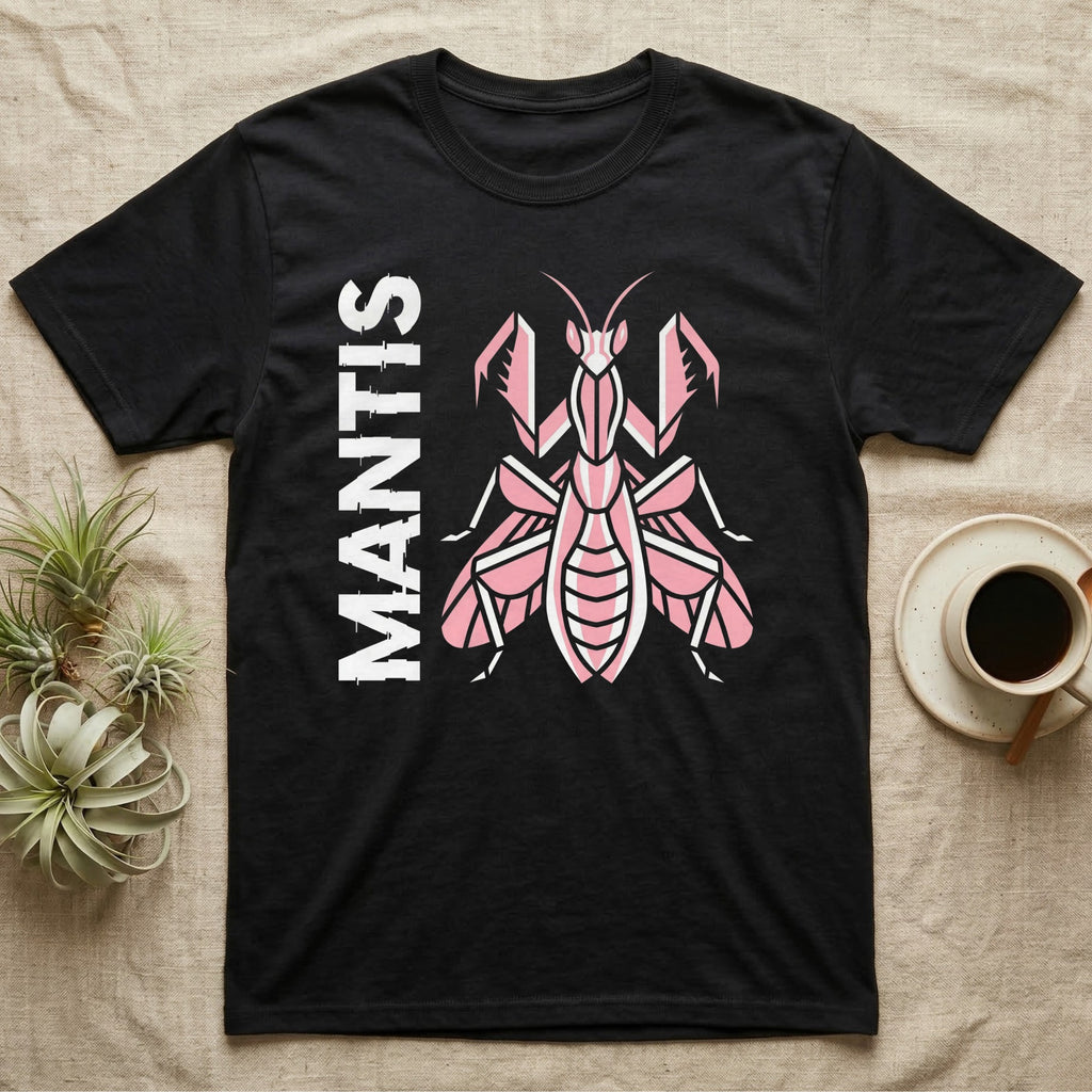 Black t-shirt with pink geometric praying mantis design and "MANTIS" text.