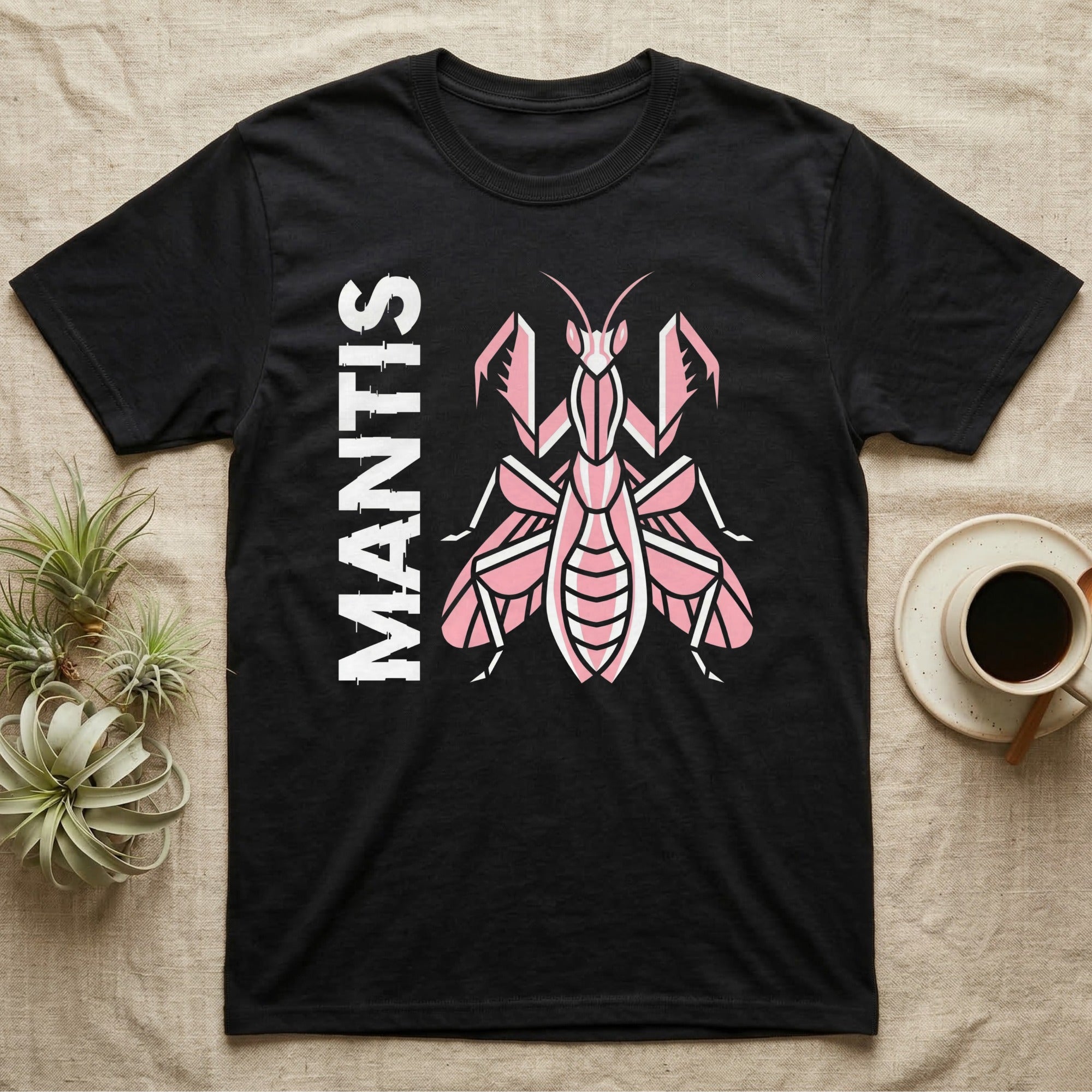 Black t-shirt with pink geometric praying mantis design and "MANTIS" text.
