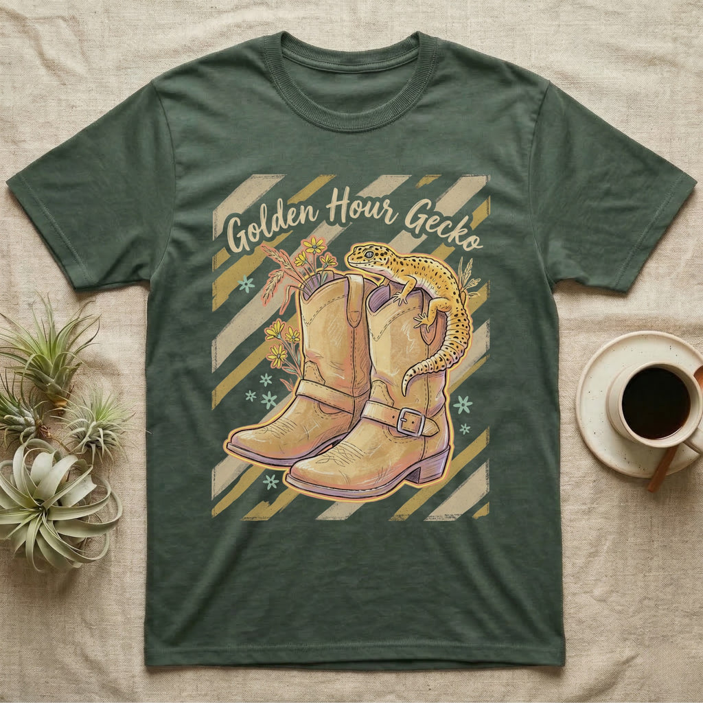 Green t-shirt with cowboy boots, gecko, and "Golden Hour Gecko" text.
