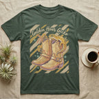Green t-shirt with cowboy boots, gecko, and "Golden Hour Gecko" text.