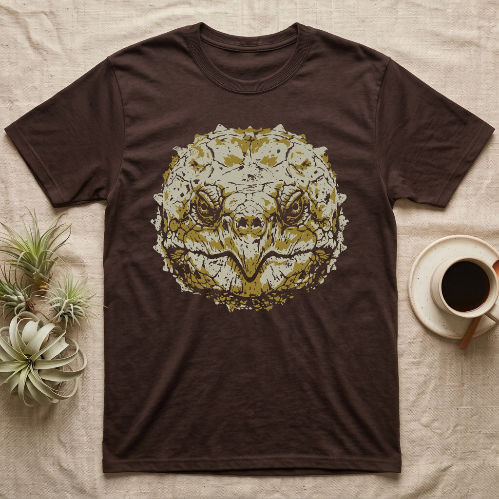 Alligator Snapper Face T-Shirt in Dark Chocolate — Two-ink stencil of an alligator snapping turtle face, head-on, hooked beak closed, olive-gold eyes on black.