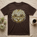 Alligator Snapper Face T-Shirt in Dark Chocolate — Two-ink stencil of an alligator snapping turtle face, head-on, hooked beak closed, olive-gold eyes on black.
