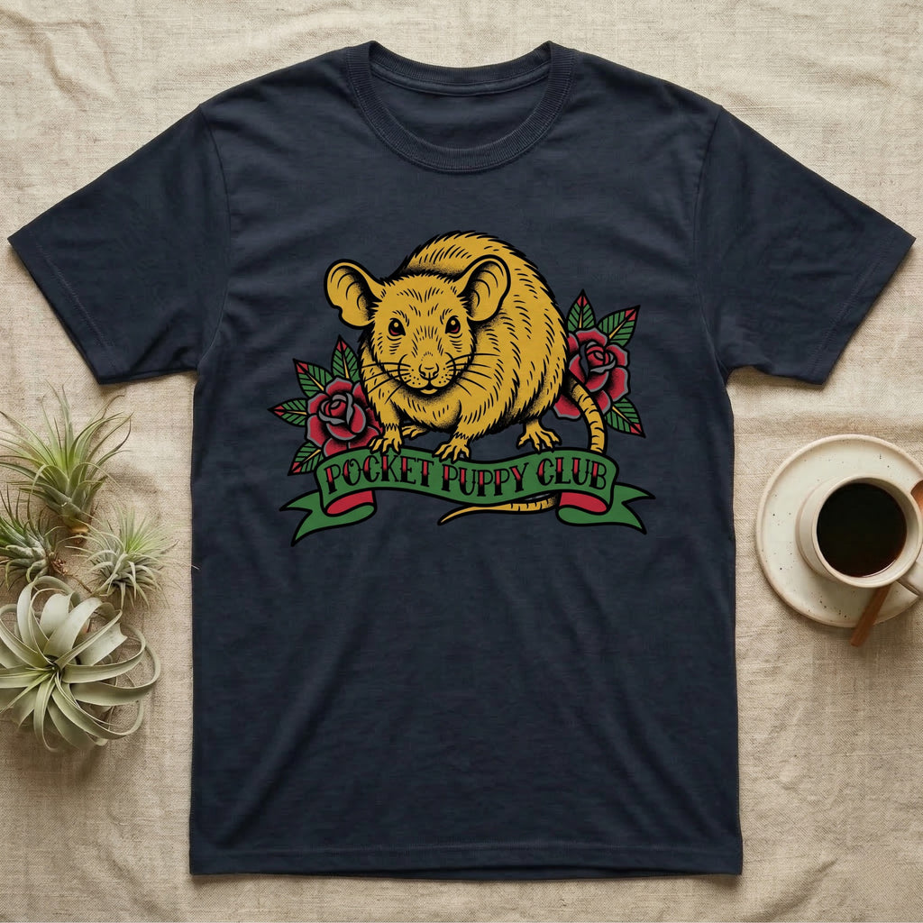 Navy t-shirt with a yellow rat and roses graphic, "POCKET PUPPY CLUB" text.