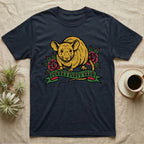 Navy t-shirt with a yellow rat and roses graphic, "POCKET PUPPY CLUB" text.