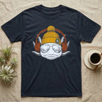 Axolotl Headphones Engraving T-Shirt in Navy — Engraved axolotl portrait in a knit beanie and headphones, aviator lenses reflecting a planted aquarium scene.