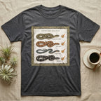 Native Snake Life List T-Shirt in Dark Heather — Vintage field-guide life list of native snakes drawn as small specimens with tally checkmarks beside each.