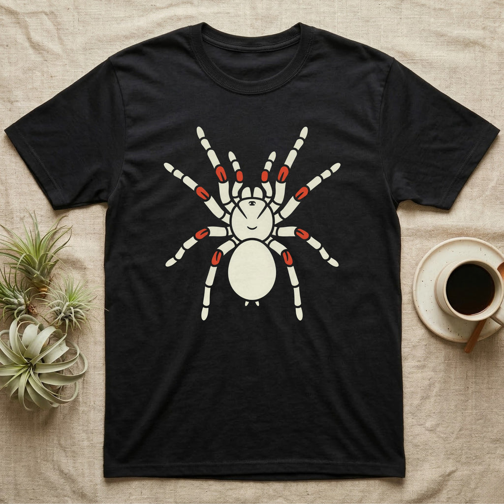 Black t-shirt with a white spider graphic with red accents on legs and body.