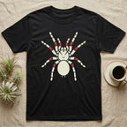 Black t-shirt with a white spider graphic with red accents on legs and body.