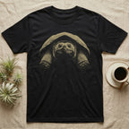 Snapping Turtle Stare T-Shirt in Black — Single-ink common snapping turtle seen head-on under its shell, lit from above, staring at the viewer on black.