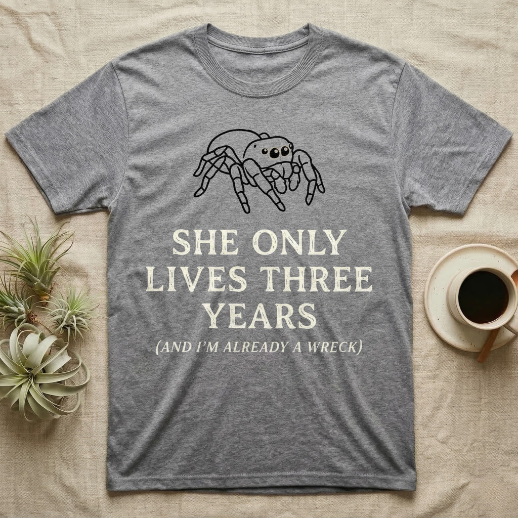 Jumping Spider Three Years Tee in Sport Grey — Vintage-ink Phidippus jumping spider portrait above type "She Only Lives Three Years (And I'm Already A Wreck)."