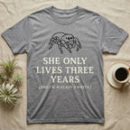 Jumping Spider Three Years Tee in Sport Grey — Vintage-ink Phidippus jumping spider portrait above type "She Only Lives Three Years (And I'm Already A Wreck)."