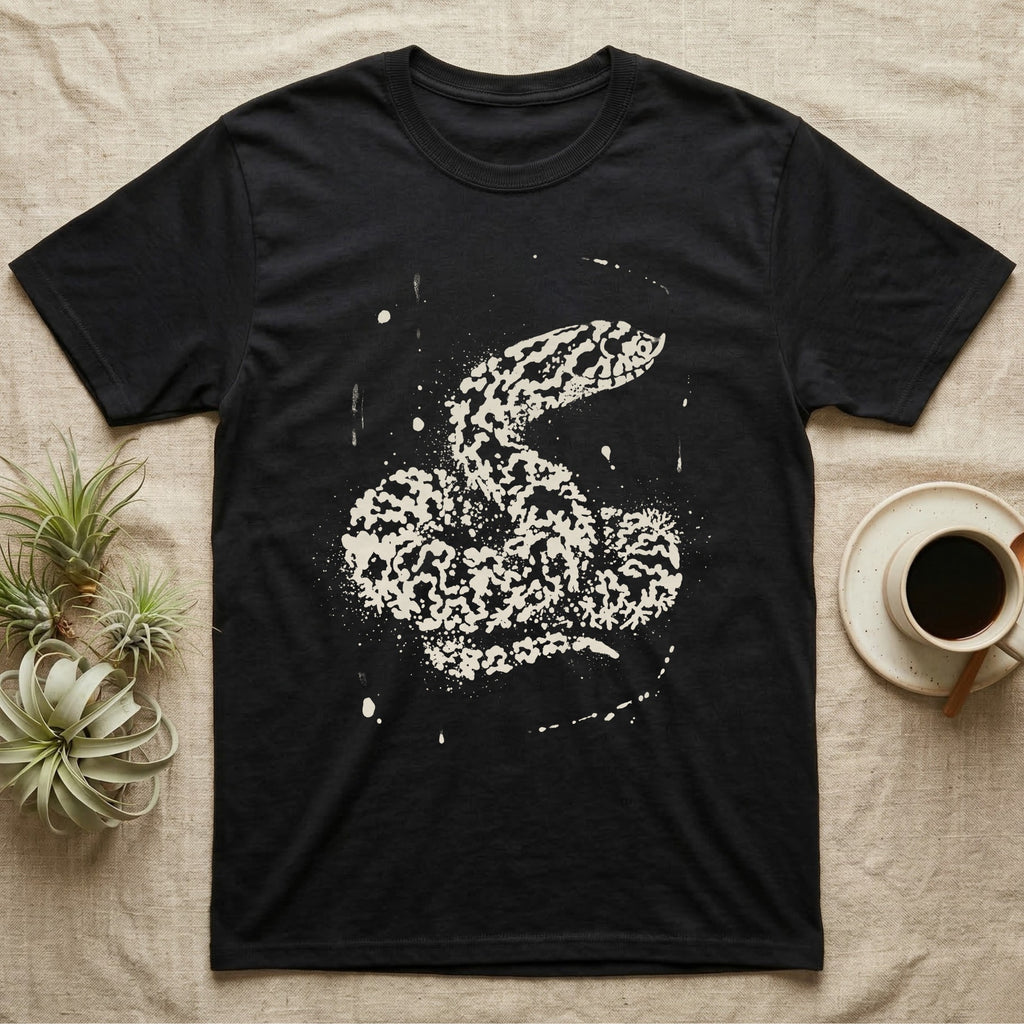 Hognose Bleach Spatter T-Shirt in Black — A western hognose snake formed from pale bleach spatter on a near-black ground, head turned to show its upturned snout.