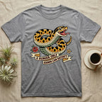 Hognose Hunger Flash T-Shirt in Sport Grey — American-traditional tattoo-flash illustration of a hognose snake in a heroic coil with a banner reading the feeding-hunger line.