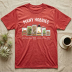 Reptile Terrarium Hobbies T-Shirt in Heather Red — Watercolour row of reptile vivariums with a snake, dart frog, gecko, bearded dragon, tree frog and a cricket bin under MANY HOBBIES, each labelled carpentry to bug farming
