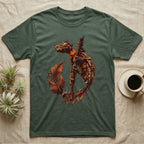 Vintage ink illustration of an eyelash leaf-tailed gecko clinging to a branch with its tail curled beside a serrated leaf, no on-shirt text. — shown on a Military Green tee.