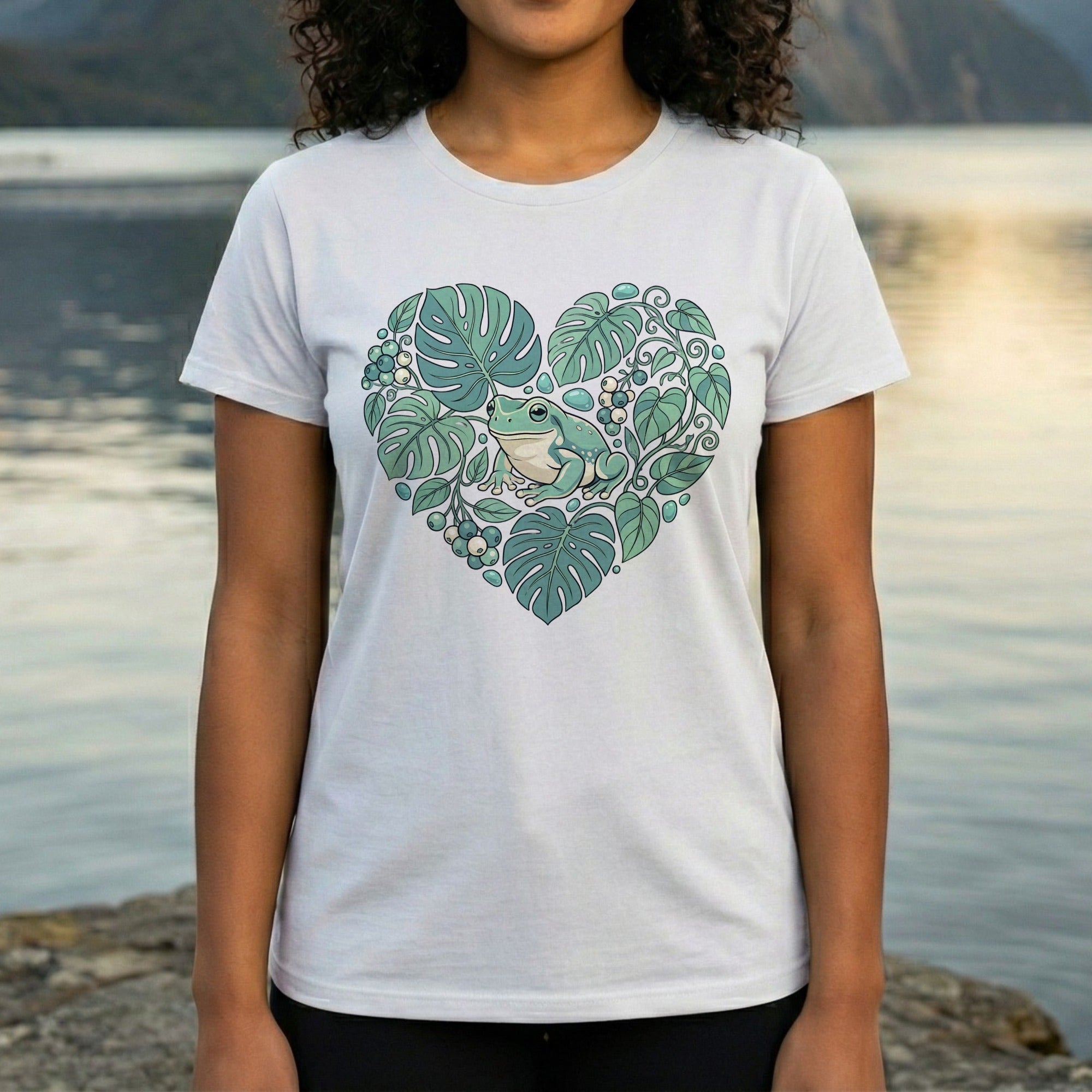 Heart Frog and Leaf Artwork on White T-shirt Product