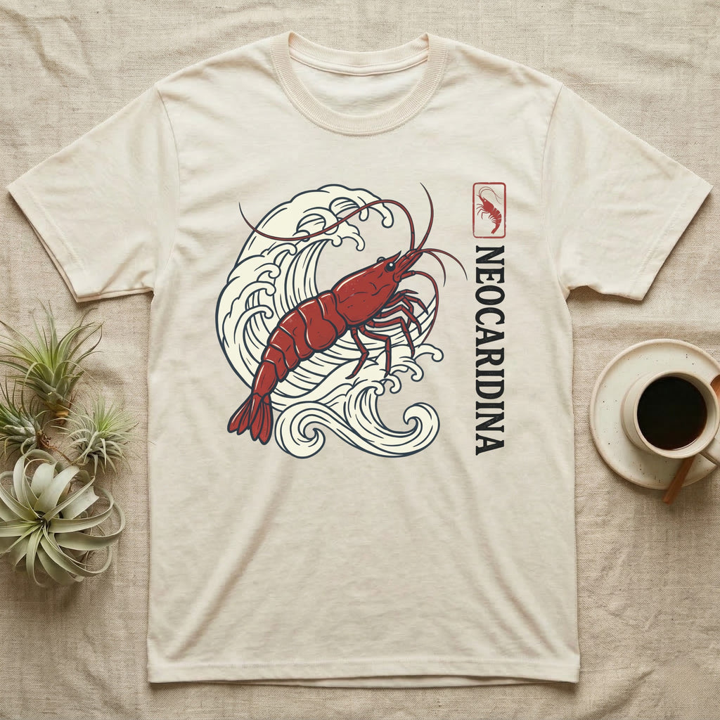 Cream t-shirt with red shrimp graphic and Japanese waves, text "Neocaridina".