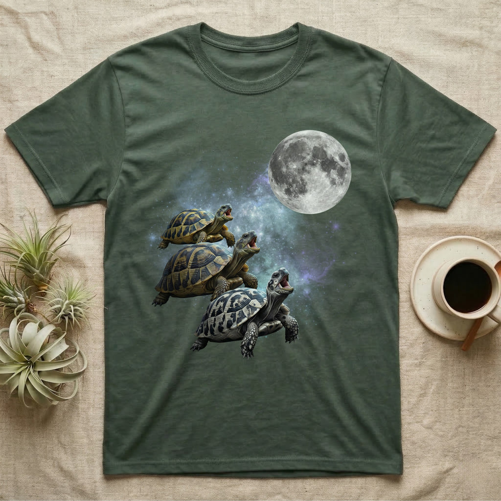 Hermann's Tortoise Moon Howl T-Shirt in Military Green — Three Hermann's Tortoise colour morphs howling at a full moon over a nebula on a dark grey t-shirt.