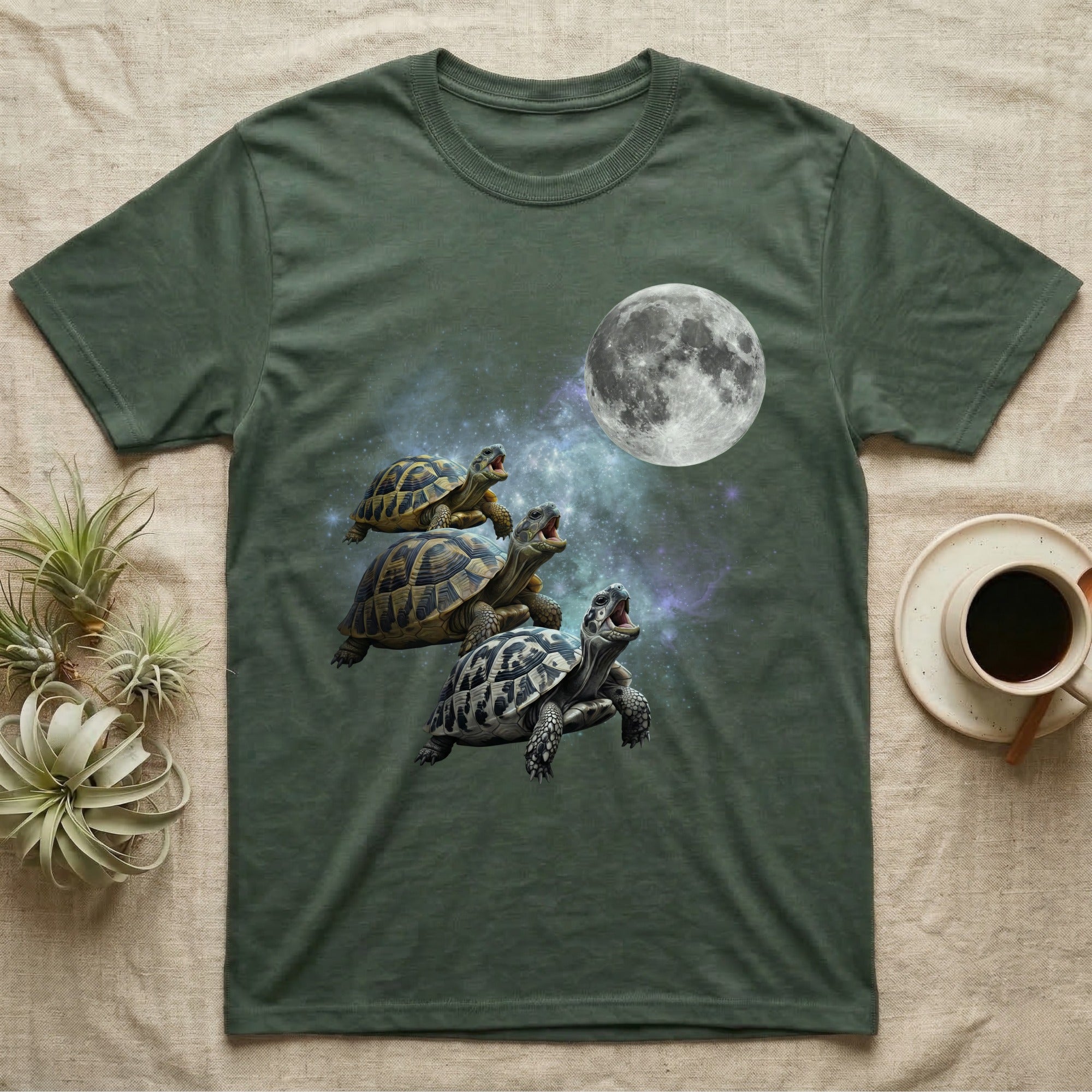 Hermann's Tortoise Moon Howl T-Shirt in Military Green — Three Hermann's Tortoise colour morphs howling at a full moon over a nebula on a dark grey t-shirt.