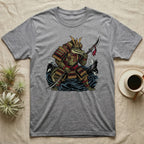 Alligator samurai warrior in armor with spear, standing on waves.