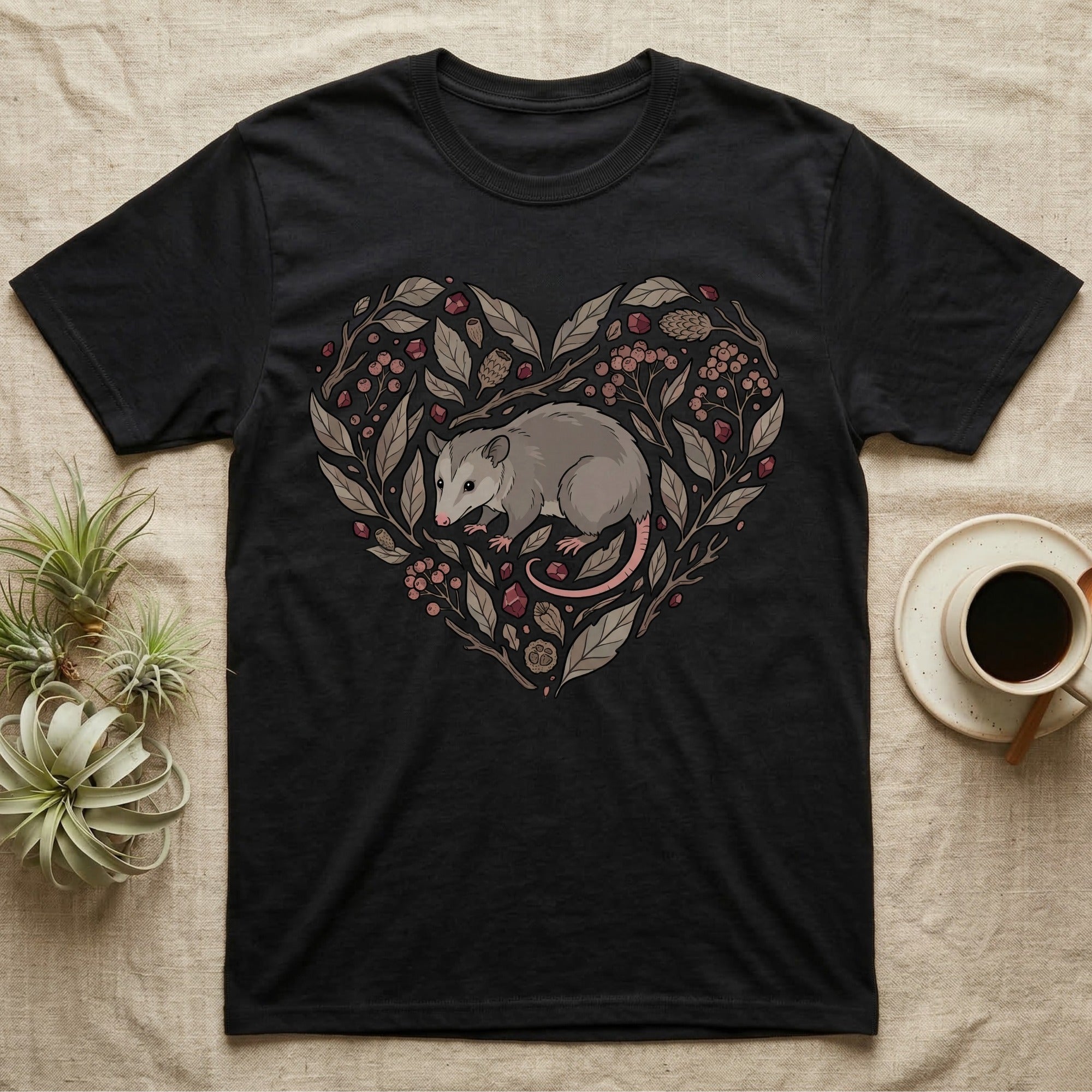Black t-shirt with a heart design featuring an opossum and botanical elements.