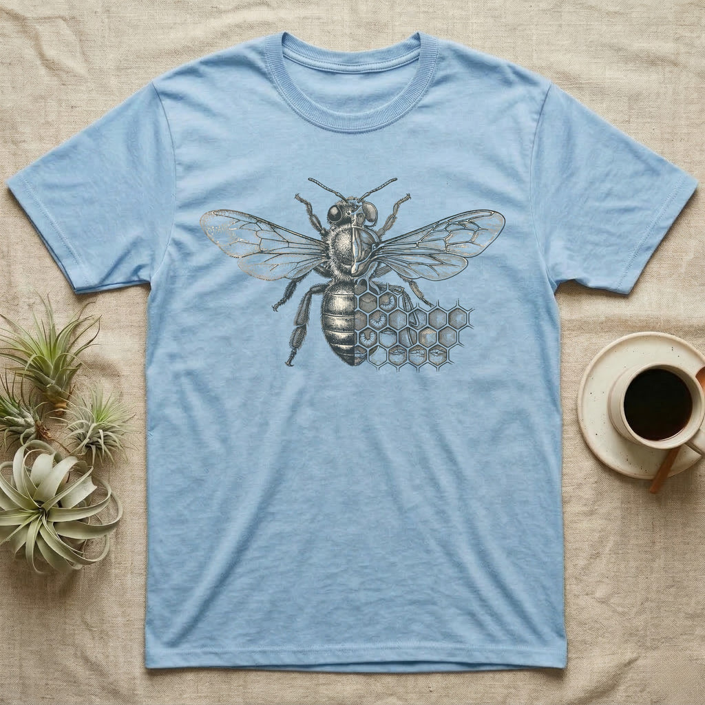 Light blue t-shirt with a vintage bee and honeycomb graphic.