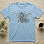 Light blue t-shirt with a vintage bee and honeycomb graphic.