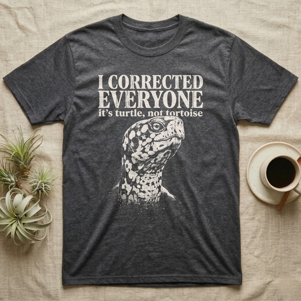 Box Turtle I Was Marinating T-Shirt in Dark Heather — One-ink white eastern box turtle portrait on black, blotched head and neck, under the words I WAS MARINATING and it's called a soak.