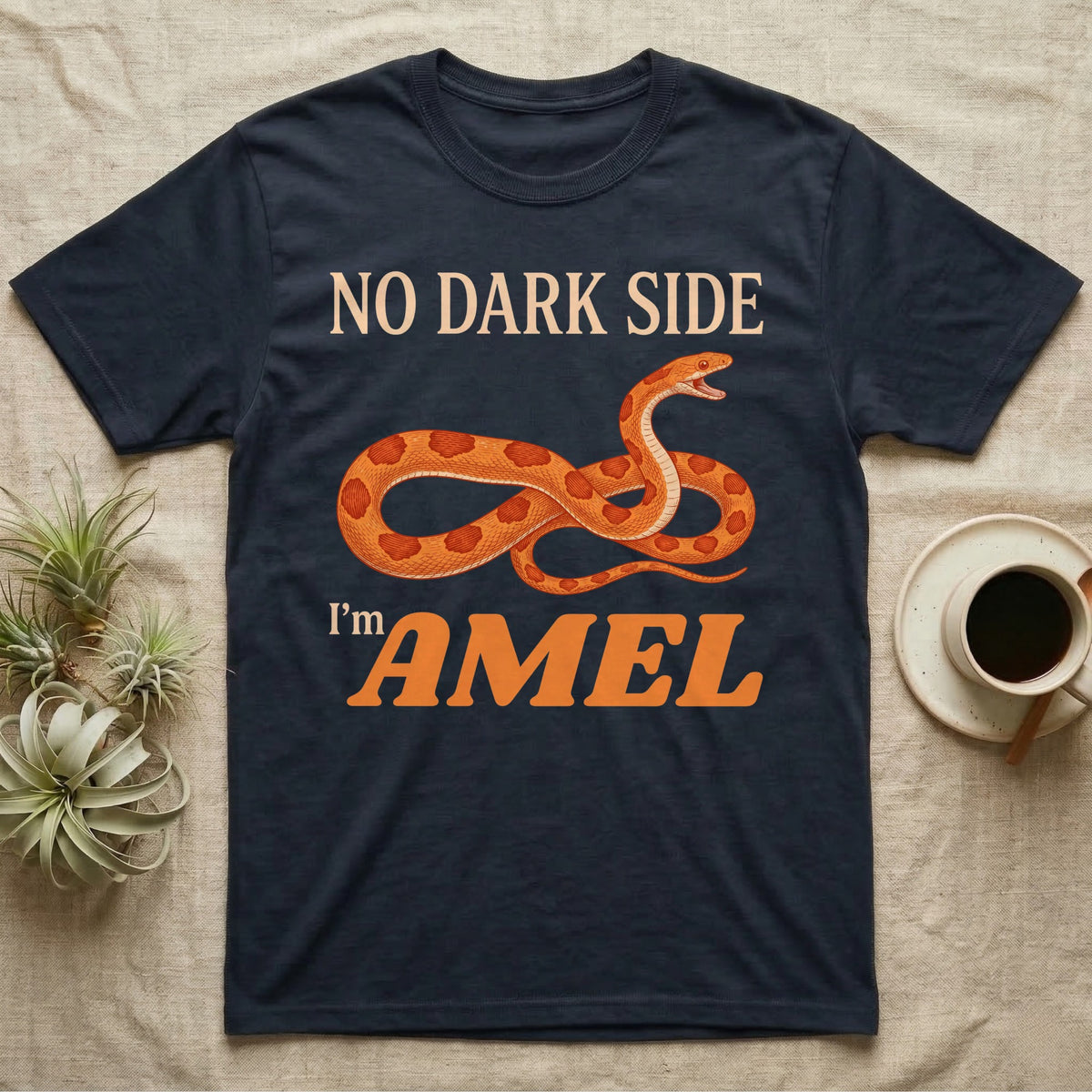 Amel Corn Snake T-Shirt in Navy — Orange engraved amel corn snake with orange-red saddles mid-hiss between peach and orange lettering reading NO DARK SIDE, I'm AMEL