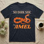 Amel Corn Snake T-Shirt in Navy — Orange engraved amel corn snake with orange-red saddles mid-hiss between peach and orange lettering reading NO DARK SIDE, I'm AMEL