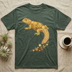 Uromastyx Solar Loaf T-Shirt in Military Green — Warm watercolour mosaic of a basking uromastyx lizard made of tiny suns, cacti and sand on grey