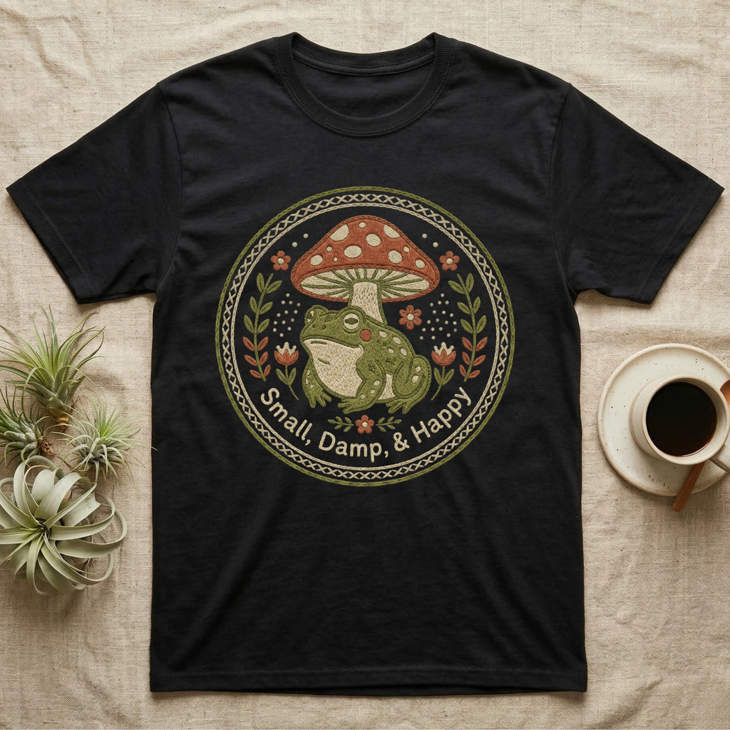 Black t-shirt with a circular design of a frog and mushroom, text reads "Small, Damp, & Happy".