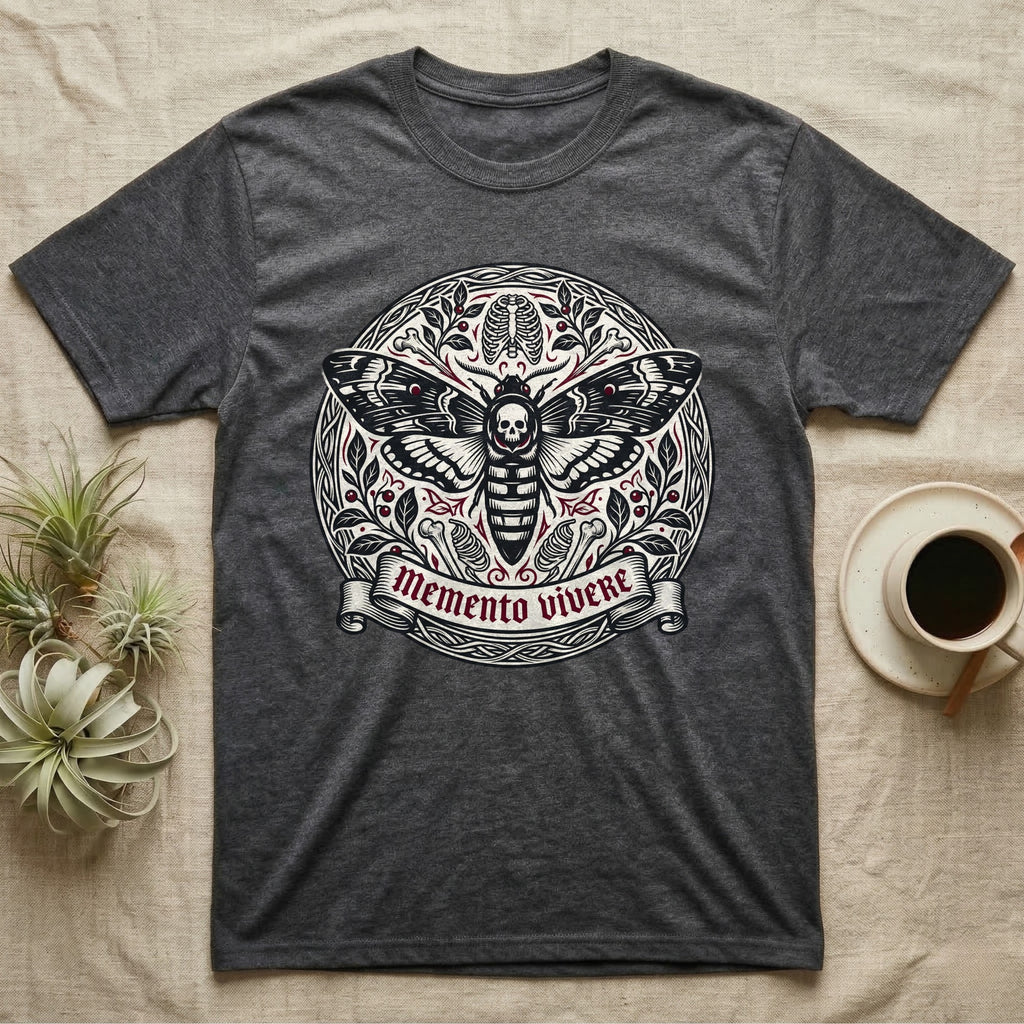 Dark gray t-shirt with a circular skull moth design and "Memento Vivere" banner.