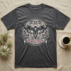 Dark gray t-shirt with a circular skull moth design and "Memento Vivere" banner.